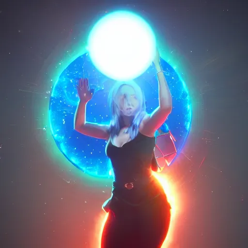 Prompt: a powerful goddess woman floating with a glowing orb of blue power in her hand, trending on artstation, colourful, powerful, dark, mysterious, maximalist, full body shot, japanese, unreal engine 5