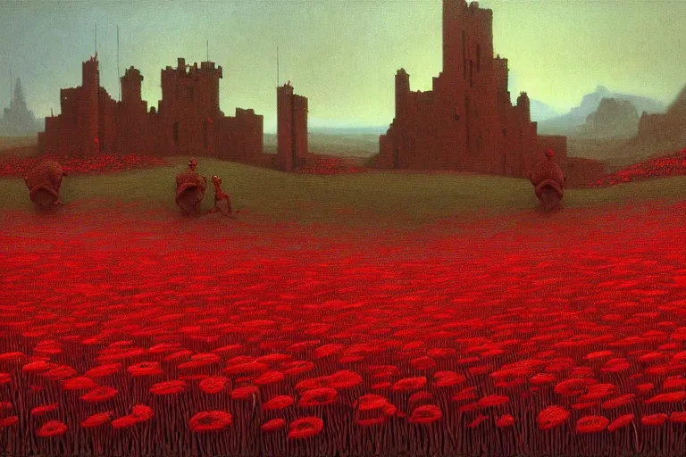 Prompt: only with red, red flowers of different types, a castle in the background, red orcs and trolls dance over the flowers, in the style of beksinski, part by hopper, part by rodcenko, part by hofbauer, intricate composition, red by caravaggio, insanely quality, highly detailed, masterpiece, red light, artstation, 8 k