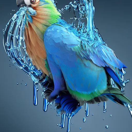 Image similar to blue liquid motion fluids forming blue parrot bird, hyper detailed, vray render