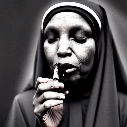 Image similar to a black nun wearing shiny jewelry, she's smoking a joint and puffing a lot of smoke, by Beksinski, lens flares, minimalistic background