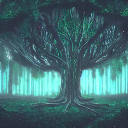 Prompt: a dark forest with a singular enormous tree in the center that bears neon fruit, cyberpunk, 4 k, digital art
