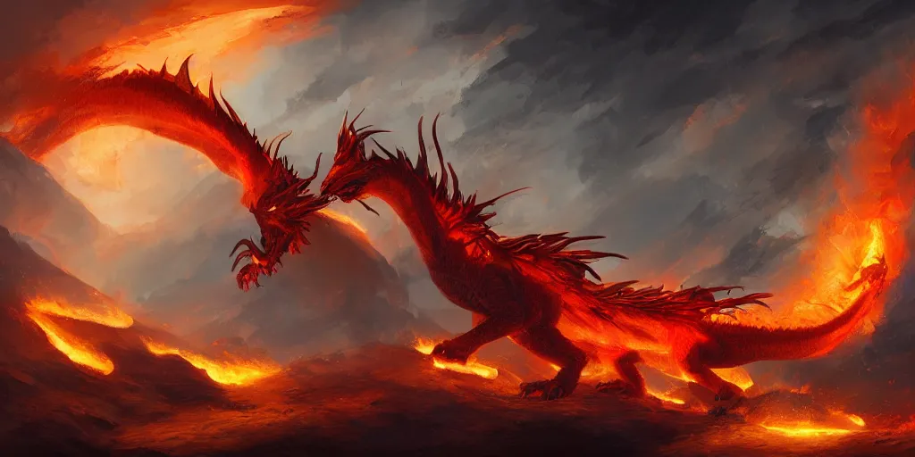 Image similar to digital painting, fire dragon, fantasy landscape, detailed lighting, high quality, sharp focus, intricate, artstation, 4k