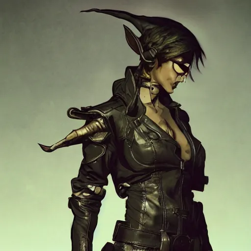 Image similar to full body portrait of an elf woman with elf ears wearing a leather jacket, cyberpunk digital art, dramatic lighting, illustration by Greg rutkowski, yoji shinkawa, 4k, digital art, concept art, trending on artstation