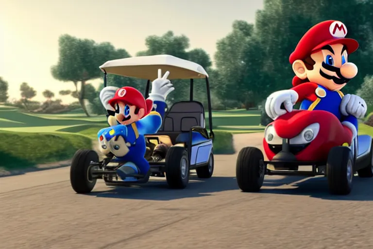 Prompt: mario brothers and sonic the hedgehog driving golf carts, movie still, from the new fast and furious movie, 8 k, hd