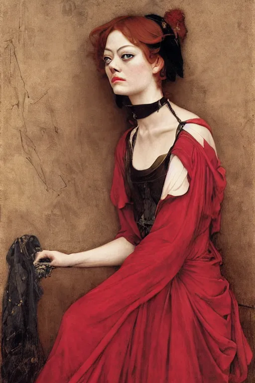 Prompt: emma stone as a bandit queen, goddes of the vampires, red silk dress, bloodshot eyes by edgar maxence and caravaggio and michael whelan and delacroix