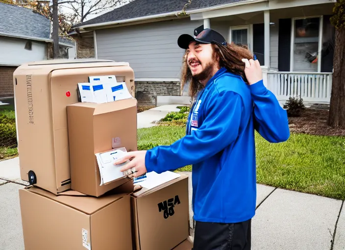 Image similar to dslr photo still of post malone as a postal worker mailman putting letters in mailbox and delivering packages to door, 8 k, 8 5 mm f 1 6