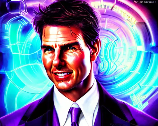 Prompt: portrait of tom cruise, fractal neon glowing diagram background, intricate purple suit, digital art by artgerm and karol bak