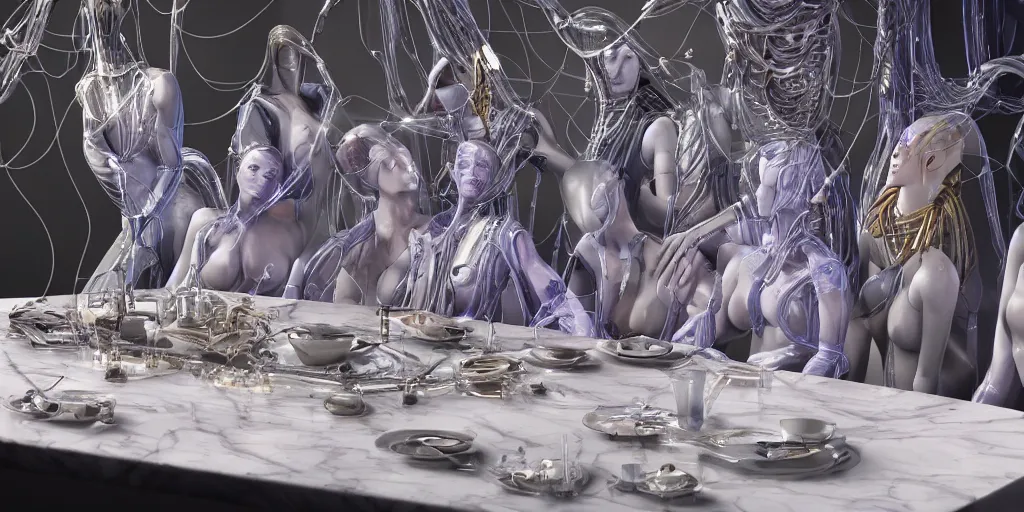 Prompt: !13 diverse aliens on !one_side of a !marble table, eating luxurios meals !!posing_as_last_supper cinematic lighting, their clothes are high tech suits, intricate cables adorne their bodies and heads, detailed implants, satin, crystal, liquid, surreal, floating, !!highly detalied, 4k, artstation, by Rolf Armstrong