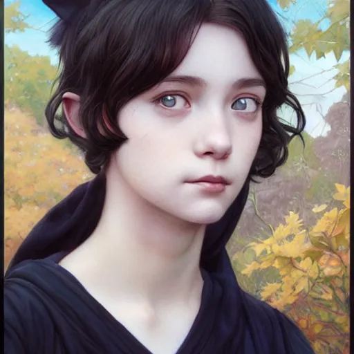 Prompt: Masterpiece portrait of a very young Kiki from Kiki's delivery service drawn by Donato Giancola and Tom Bagshaw face by Artgerm and Edmund Leighton