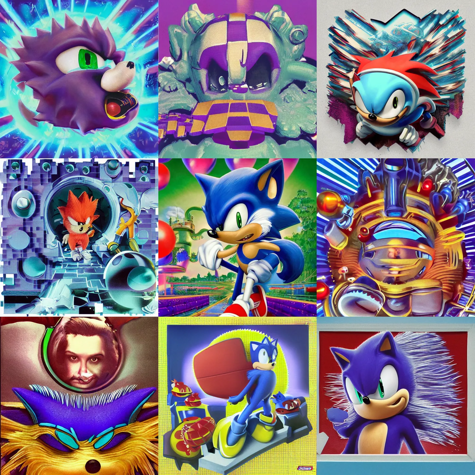 Prompt: sonic hedgehog portrait deconstructivist claymation scifi matte painting lowbrow of a surreal sonic hedgehog, retro moulded professional soft pastels high quality airbrush art album cover of a liquid dissolving airbrush art dreams sonic the hedgehog swimming through dreams purple fisheye checkerboard background 1 9 9 0 s 1 9 9 2 sega genesis video game album cover