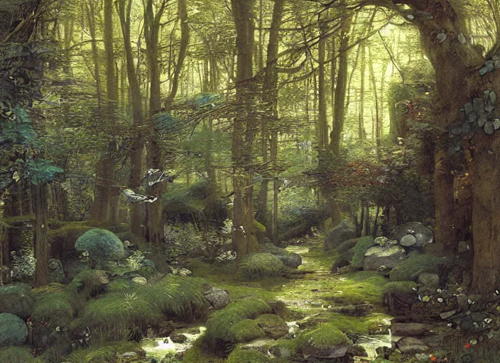 Image similar to airy forest glade ( wide and clear ). dream - like atmosphere ( time seems to dawdle ). cheery stream ( runs through glade, bubbling over rocks ).. edgar maxence and caravaggio and michael whelan and delacroix style, artistic, intricate painting, cinematic lighting, hyper realistic, extremely detailed, vivid colors, establishing shot, dramatic lighting