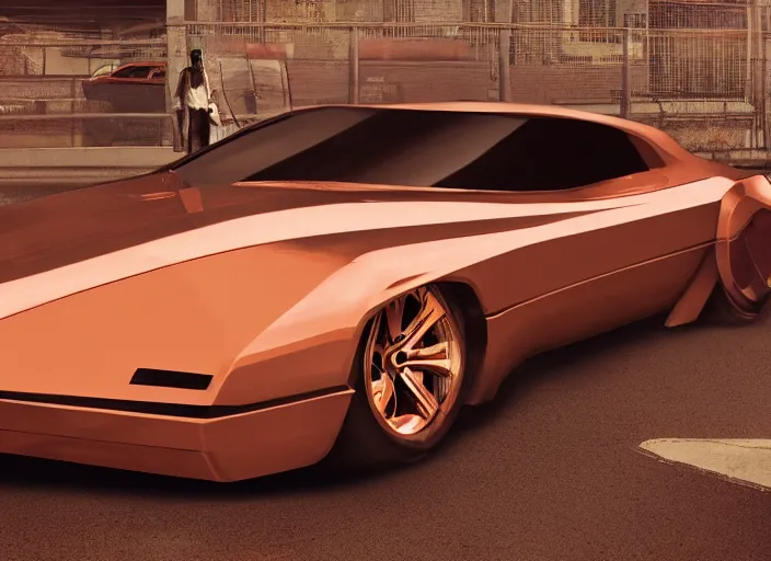 Prompt: wide view shot of a copper colored car, designed by dmc and gmc, concept art style by john berky and liam wong and michael whelan.