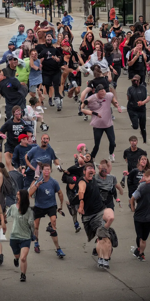 Image similar to horrifying and relentless demons hunt humans running down the street. The people being hunted are smiling with glee because this is the most exciting thing that has ever happened in Omaha.