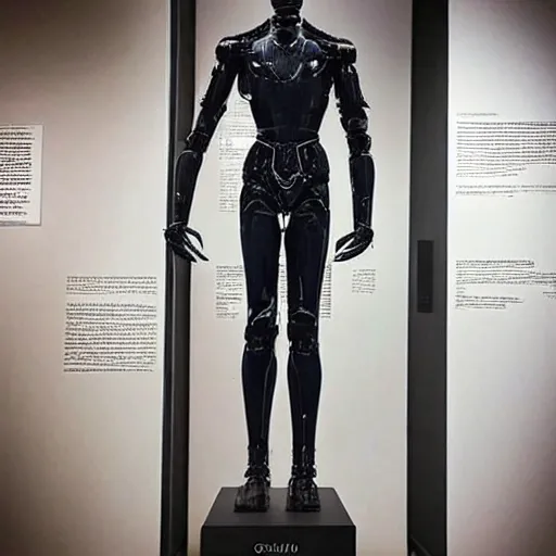 Image similar to “a realistic detailed photo of a guy who is an attractive humanoid who is half robot and half humanoid, who is a male android, actor Grant Gustin, shiny skin, posing like a statue, blank stare, at the museum, on display”