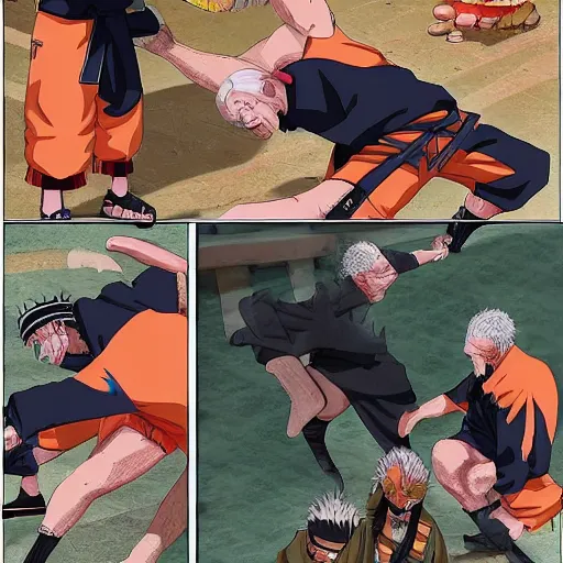 Prompt: naruto fighting old man, backyard wrestling, intricate complexity, extremely detailed, very sharp,