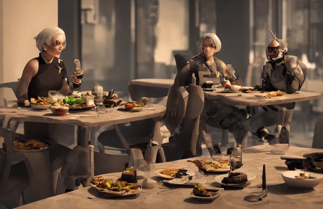 Prompt: portrait of mirta legrand with cibernetic eye sitting at the table having lunch with cyborgs. 4 k octane render