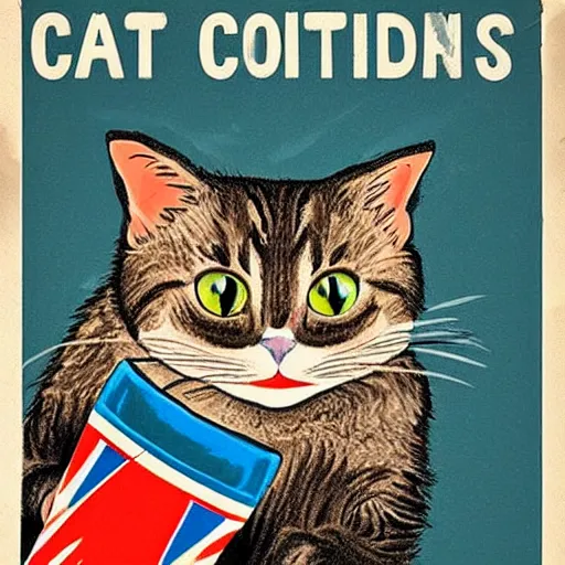 Image similar to british cat sipping on tea, propaganda poster