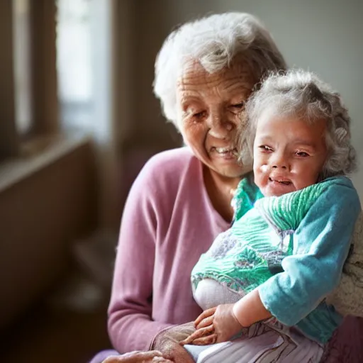 Image similar to An elderly lady has her little 3-year-old baby girl sitting on her lap. They are both happy.