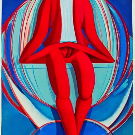 Prompt: A beautiful sculpture of a man in a red suit with a blue background. The man's eyes are closed and he has a serene, content look on his face. His arms are crossed in front of him and he appears to be floating in space. The blue background is swirling with geometric shapes and patterns. by John Harris tranquil, kaleidoscopic