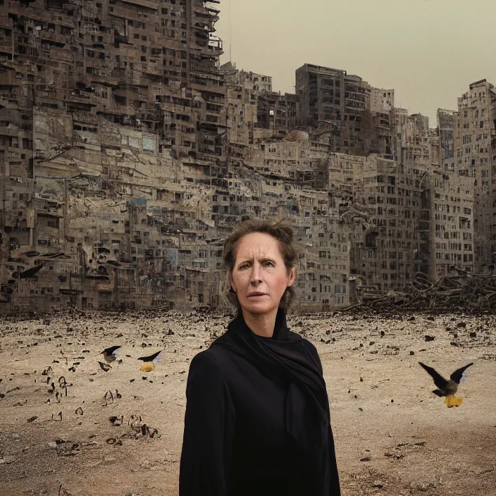 Image similar to closeup portrait of a woman with birds growing out of her face, standing in a desolate apocalyptic city, by Annie Leibovitz and Steve McCurry, natural light, detailed face, CANON Eos C300, ƒ1.8, 35mm, 8K, medium-format print