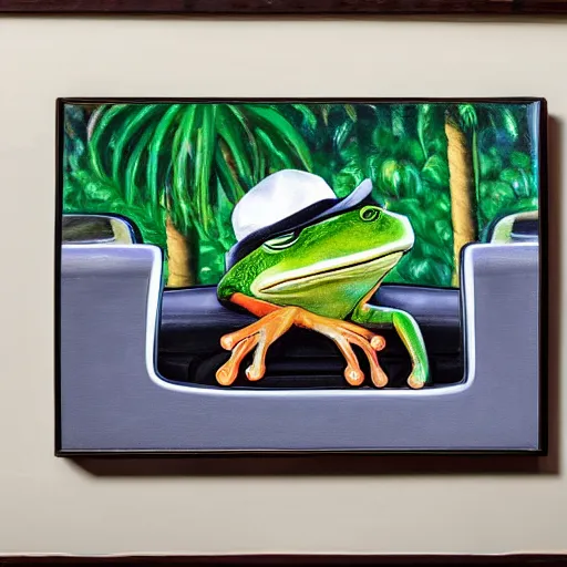 Image similar to photo of a frog in a tuxedo driving car, oil painting, portrait, palm trees