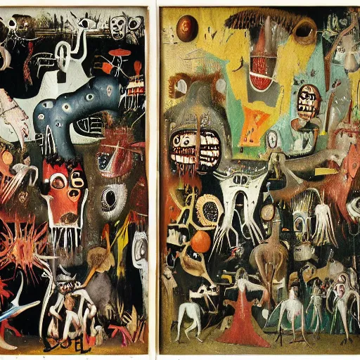 Image similar to hieronymus bosch garden of earthly delights reinterpreted by basquiat