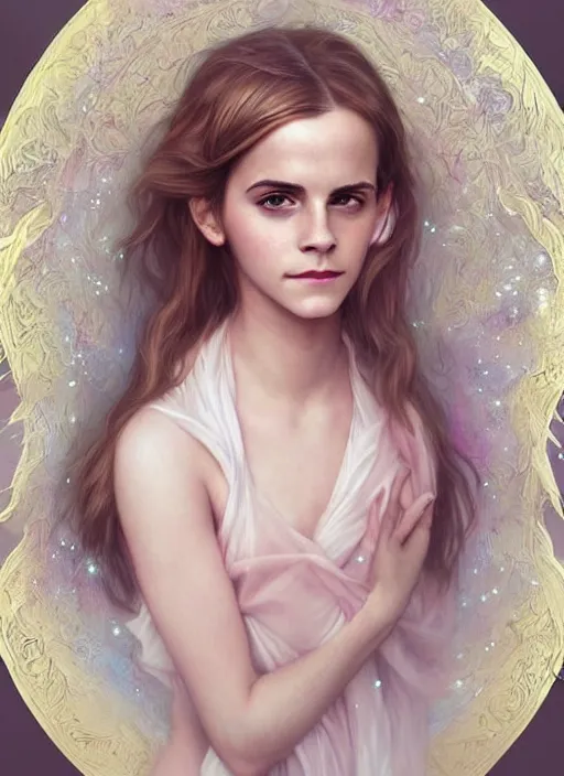 Image similar to emma watson as nature magic celestial, long hair, soft pink and white cloth, transparent cloth, space, D&D, shiny background, intricate, elegant, highly detailed, digital painting, artstation, concept art, smooth, sharp focus, illustration, artgerm, bouguereau