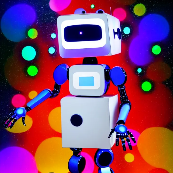 Image similar to a furry robot generating beautiful music, experimental, abstract, colorful, vivid