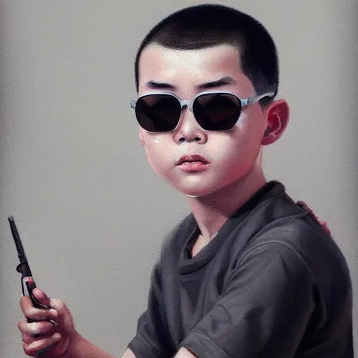 Prompt: chinese boy wearing shades with buzzcut, oil painting, artgerm, portrait, highly detailed, artstation