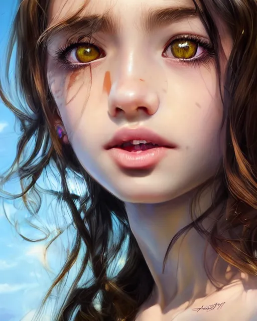 Image similar to 1 5 - year old girl with lush frizzy untamable brown hair, large front teeth, and bright piercing brown eyes, hyper realistic face, beautiful eyes, character art, art by artgerm lau and wlop and and ilya kuvshinov and john singer sargent, hyperdetailed, symmetrical, cryengine, trending on artstation, digital art