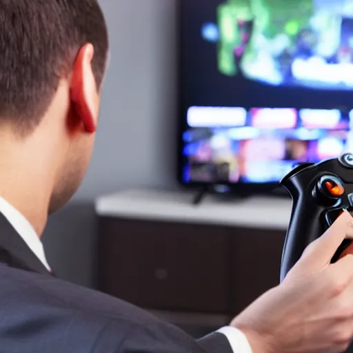 Prompt: a man in a business suit playing video games on his xbox 360 | the man is looking at the tv | Xbox 360 controller |