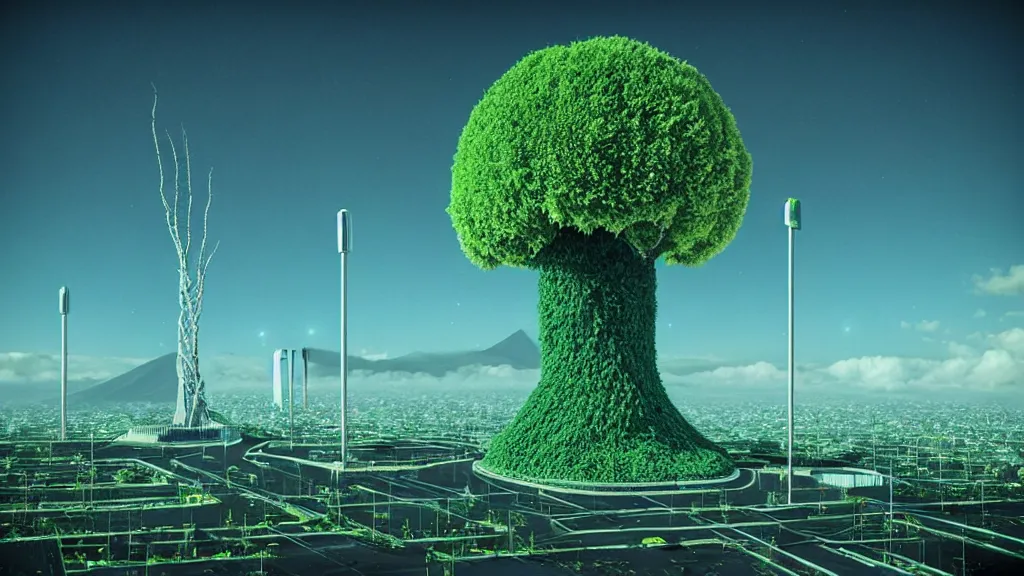 Prompt: Nuclear Nature harmony, Techno-Tree Covered Future version of the City Quito, Ecuador; by Oswaldo Moncayo; by Beeple