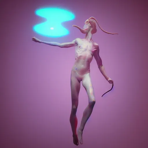 Image similar to born again christian tiktok influencer jumping and talking about how aliens are real only if you eat crayons because they see the phosphorescence in your boddy, in the style of james jean, artstation trending, 8 k, 3 d render, photorealistic, volumetric lighting caustics, pink