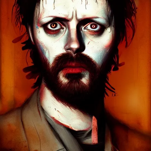 Image similar to color head portrait of the singer brett anderson, 7 days to die zombie, gritty background, fine art, award winning, intricate, elegant, sharp focus, cinematic lighting, digital painting, 8 k concept art, art by michael hussar, art by brom, art by guweiz and z. w. gu, 8 k