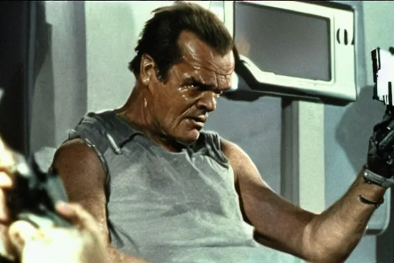 Image similar to Jack Nicholson as Terminator is playing with gameboy scene