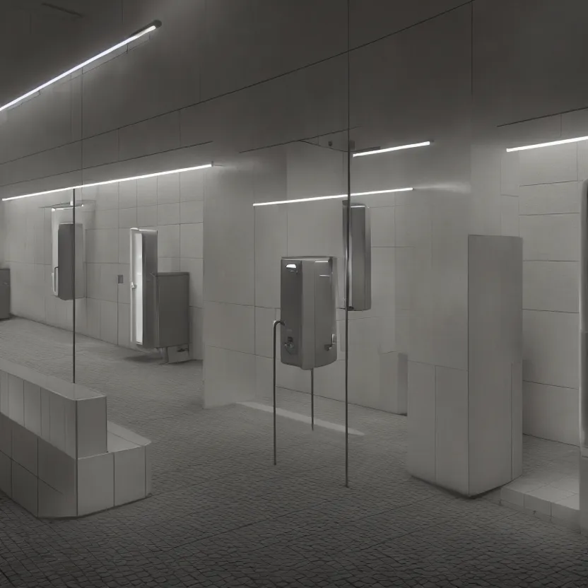 Image similar to an infinite public restroom with endless stalls and endless sinks fading into the distance, cinematic lighting, volumetric lighting, award winning photography, highly detailed, intricate, sharp focus, 4 k wallpaper, unreal engine, 9 0 mm, f / 1. 4