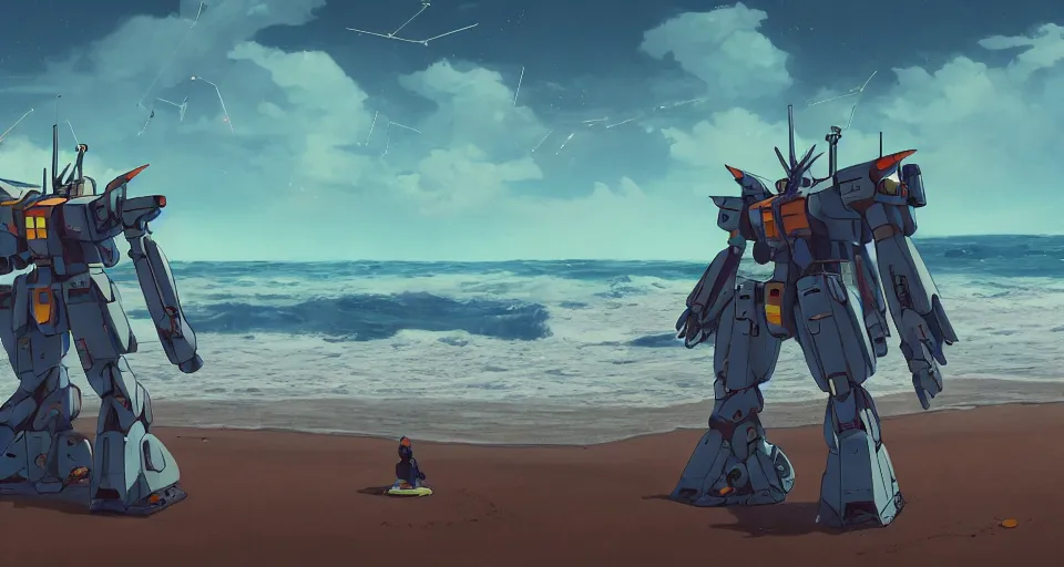 Prompt: A serene coast with a GIANT MECHA GUNDAM, wizard, bright sunny waves splashing on the beach, rendered by Simon Stålenhag, rendered by Beeple, Makoto Shinkai, syd meade, environment concept, digital art, Gundam style, Star Wars, unreal engine, 3 point perspective, WLOP, trending on Artstation, low level, 4K UHD image, octane render, DALL-E 2