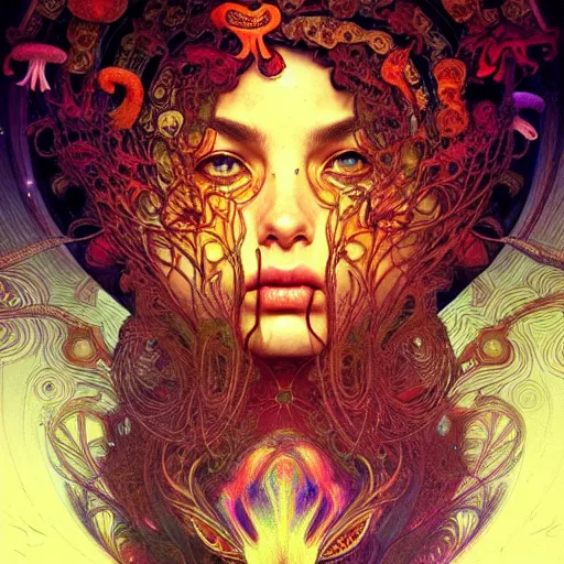 Image similar to An extremely psychedelic experience, surreal, dramatic lighting, magic mushrooms, psilocybin, LSD, face, detailed, intricate, elegant, highly detailed, digital painting, artstation, concept art, smooth, sharp focus, illustration, art by Krenz Cushart and Artem Demura and alphonse mucha