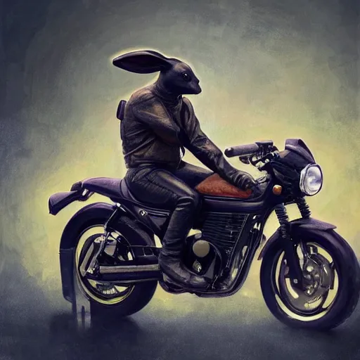 Image similar to a bunny wearing a leather jacket, riding a suzuki dr 6 0 0 motorcycle, highly detailed, digital painting, artstation, concept art, matte, sharp focus, highly detailed, 4 k, hdr, smooth, sharp focus, high resolution, award - winning photo, photorealistic, art by artgerm and greg rutkowski and alphonse mucha, large shot