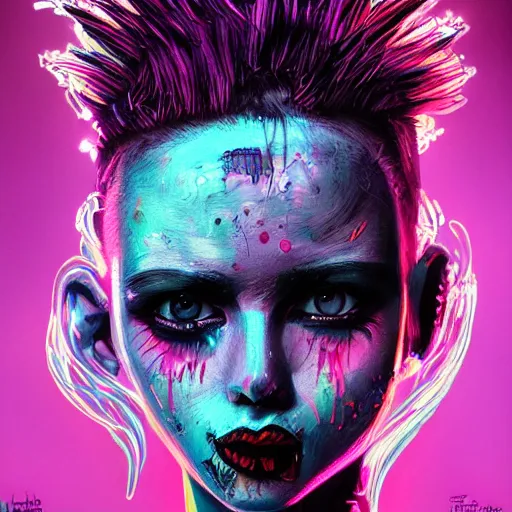 Image similar to splashes of neon, punk portrait made out of paint, trending on artstation, epic composition, emotional, beautiful, rendered in octane, highly detailed, realistic, tim burton comic book art, sharp focus