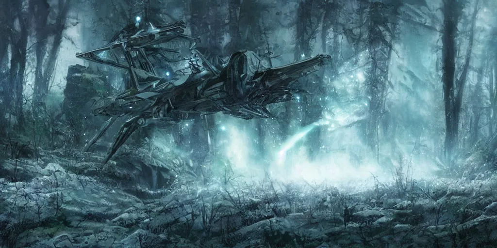 Prompt: future forest attacked by spaceship, star trek, concept art, ice mist, glory war,