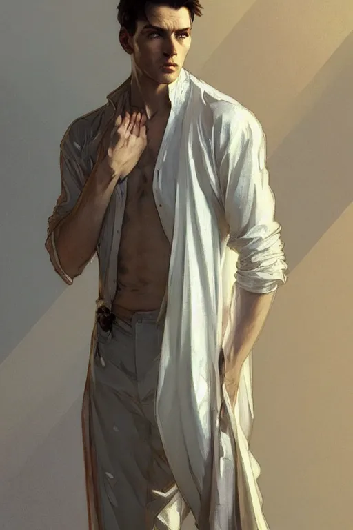 Image similar to full figure portrait of a single beautiful young fit man, dressed of modern transparent fluent shirt and large pants, by greg rutkowski and alphonse mucha, d & d character, interior design background, highly detailed portrait, digital painting, artstation, concept art, smooth, sharp focus ilustration, artstation hq