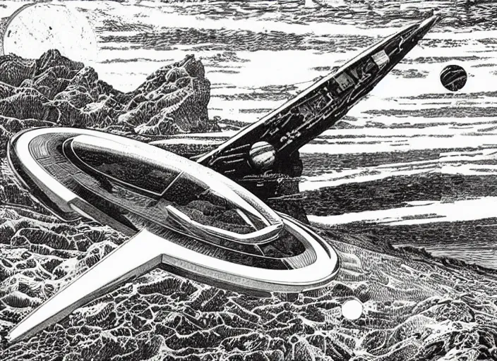 Image similar to a spaceship in a stunning landscape by virgil finlay