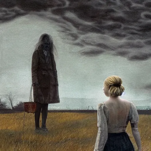 Image similar to Elle Fanning in the painted world of Silent Hill, head and shoulders masterpiece, apocalypse, golden hour, cosmic horror, artstation, in the style of Andrew Wyeth and Edward Hopper and Bosch, extremely detailed