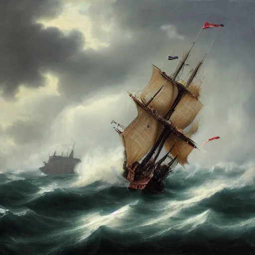 Image similar to A old pirate sailship on a stormy sea getting attacked by a British ship of the line, oil painting, 4k, high detail, godrays, smooth, sharp, gloomy, bloom