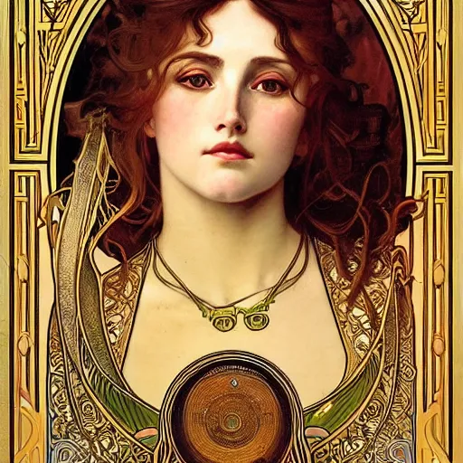 Prompt: realistic detailed face portrait of a beautiful young Queen of Dawn by Alphonse Mucha, Greg Hildebrandt, and Mark Brooks, gilded details, spirals, Neo-Gothic, gothic, Art Nouveau, ornate medieval religious icon
