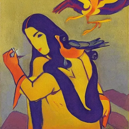 Image similar to Art installation. a woman is shown from behind, her body slightly blurred as if in motion. Her long hair cascades down her back, and she is holding a small bird in her hand. by Nicholas Roerich daring