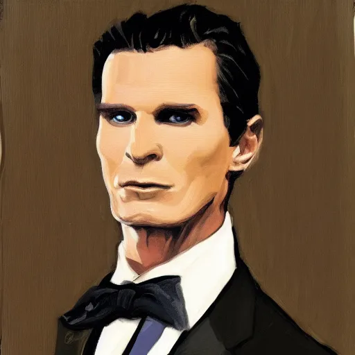 Image similar to portrait of Patrick Bateman from American Psycho, in the style of the Hudson River School