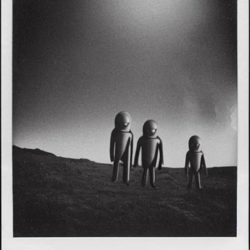 Image similar to polaroid photograph of horrorific extraterrestrial beings visiting earth, 1 9 5 0