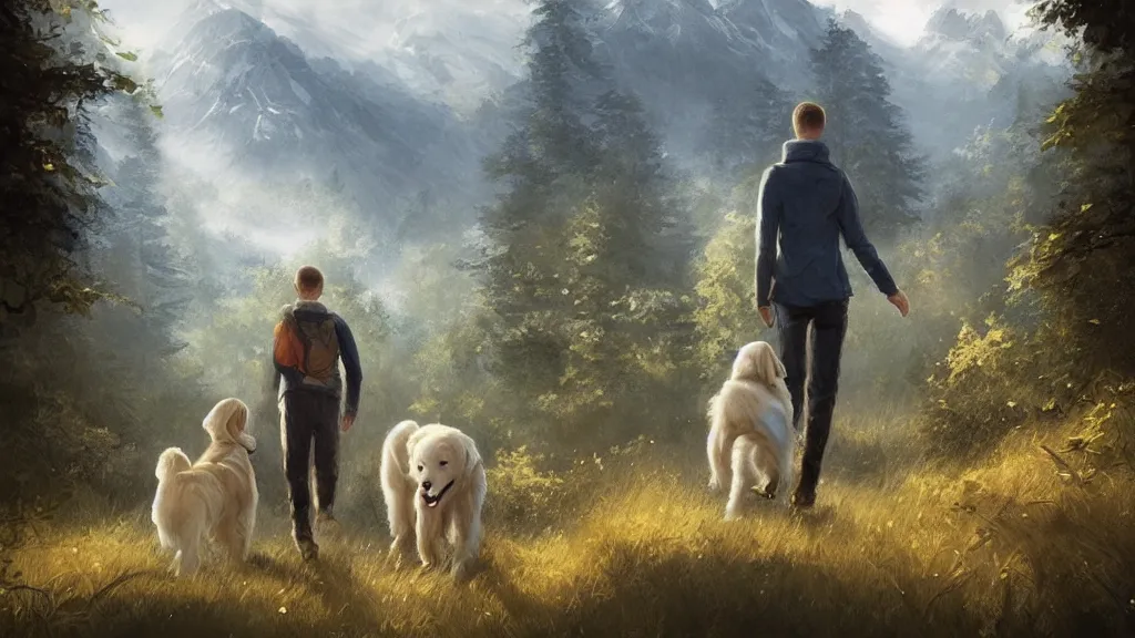 Image similar to “ a couple and a young boy, walk on a trail in forest, with a white color golden retriever, mountains in the background, highly detailed, by charlie bowater, by greg rutkowski ”